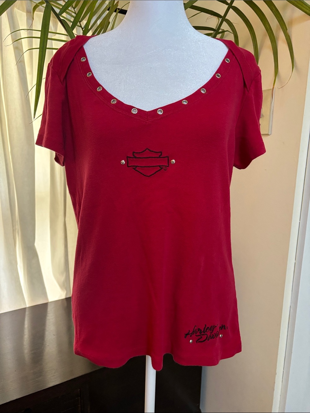 Harley-Davidson Deep Red V-Neck Short Sleeve Tee with Grommet Accents